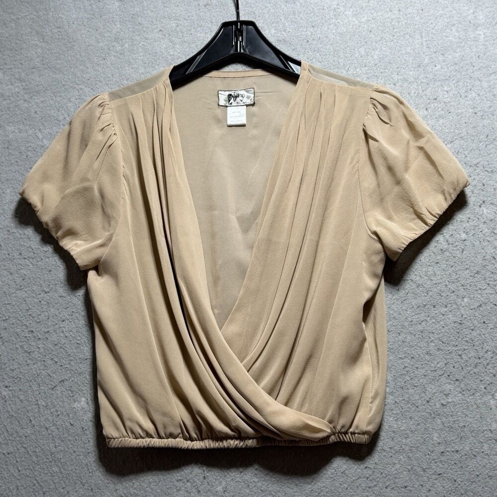 Nightcap V-neck Blouse Women’s Size 2 Beige Stretch Short Sleeve Top Silk